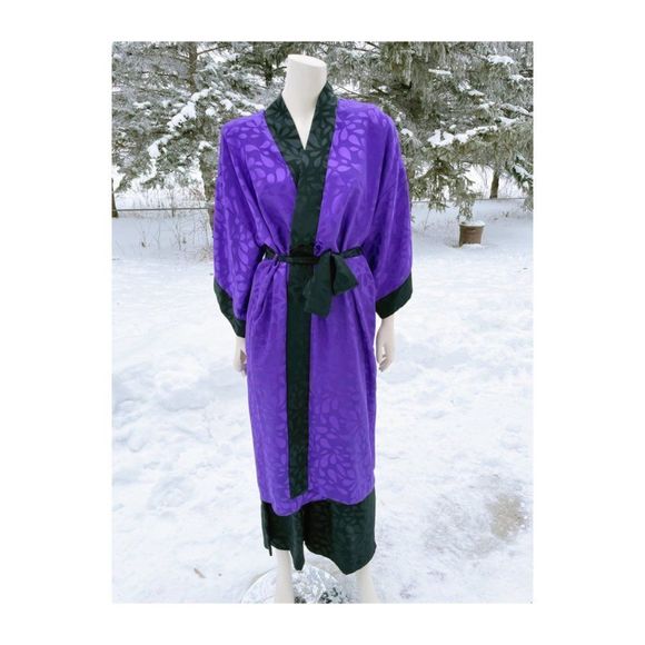 80s Diamond Tea Satin Loungewear Set Kimono Sleeve Duster Robe Trousers Purple B - Picture 2 of 16